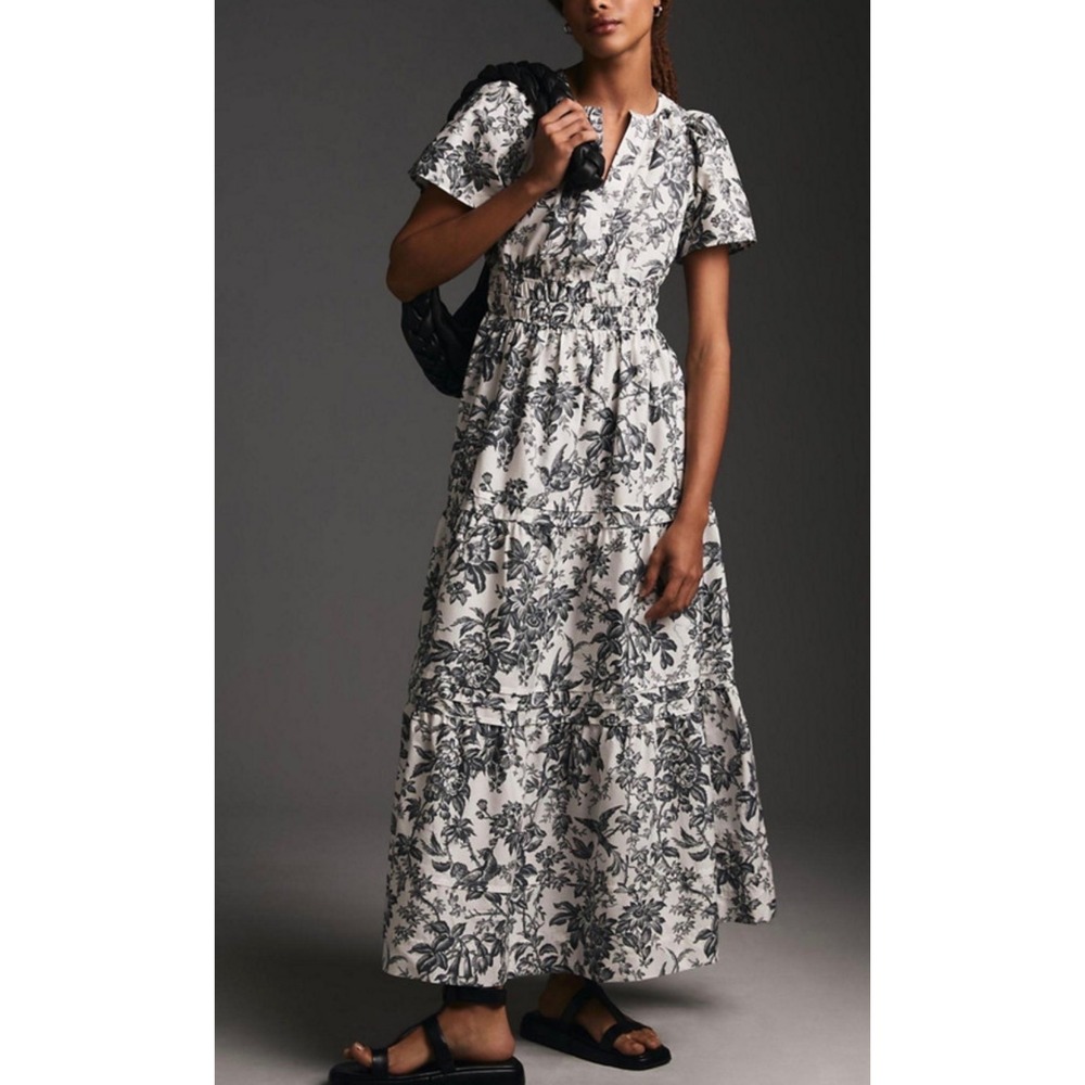 Anthropologie Somerset Maxi Dress Gray White Toile Floral Smocked Waist Medium
